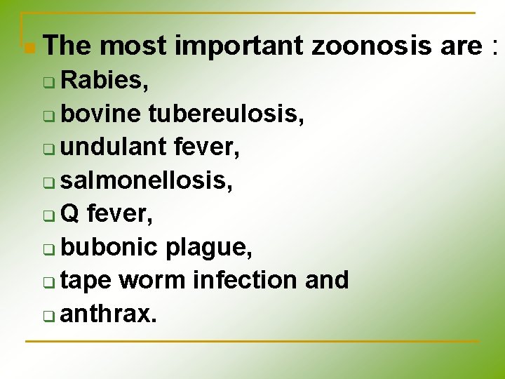 n The most important zoonosis are : Rabies, q bovine tubereulosis, q undulant fever, n The most important zoonosis are : Rabies, q bovine tubereulosis, q undulant fever,