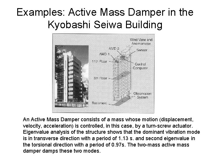 Examples: Active Mass Damper in the Kyobashi Seiwa Building An Active Mass Damper consists