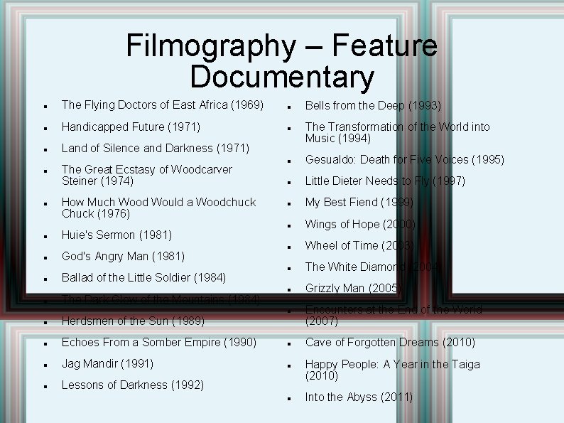 Filmography – Feature Documentary The Flying Doctors of East Africa (1969) Handicapped Future (1971)