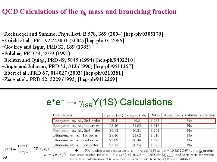 QCD Calculations of the ηb mass and branching fraction • Recksiegel and Sumino, Phys.