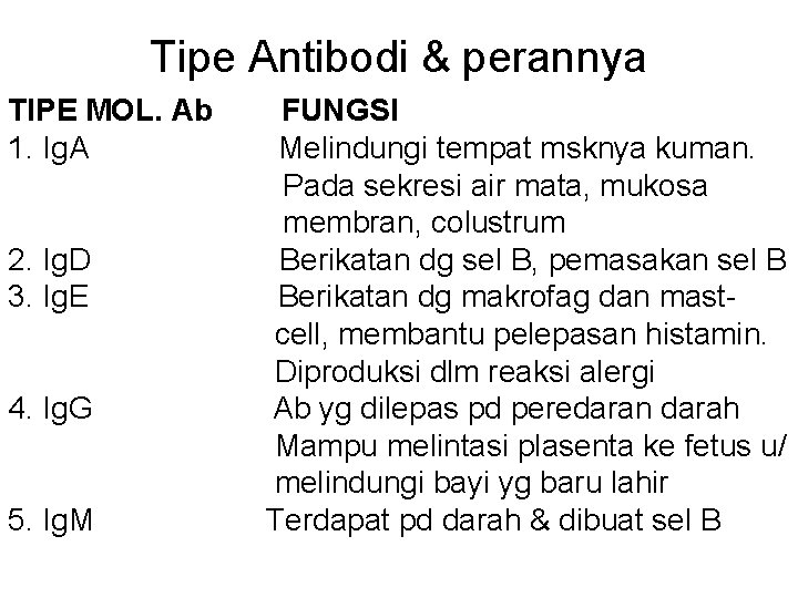 Tipe Antibodi & perannya TIPE MOL. Ab 1. Ig. A 2. Ig. D 3.