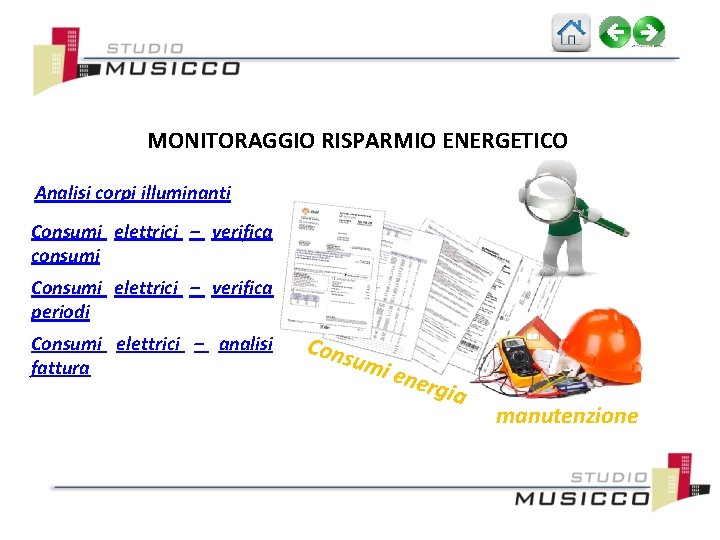 MONITORAGGIO RISPARMIO ENERGETICO Analisi corpi illuminanti Consumi elettrici – verifica consumi Consumi elettrici –