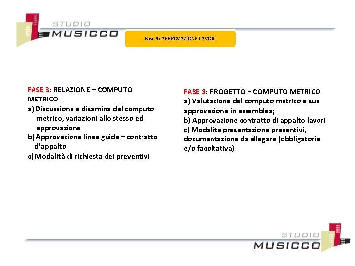 Fase 5: APPROVAZIONE LAVORI FASE 3: RELAZIONE – COMPUTO METRICO a) Discussione e disamina