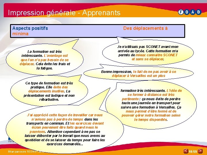 Impression générale - Apprenants Aspects positifs minima La formation est très intéressante. L'avantage est