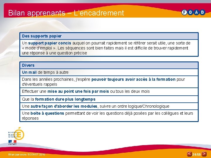 Bilan apprenants – L’encadrement Des supports papier Un support papier concis auquel on pourrait