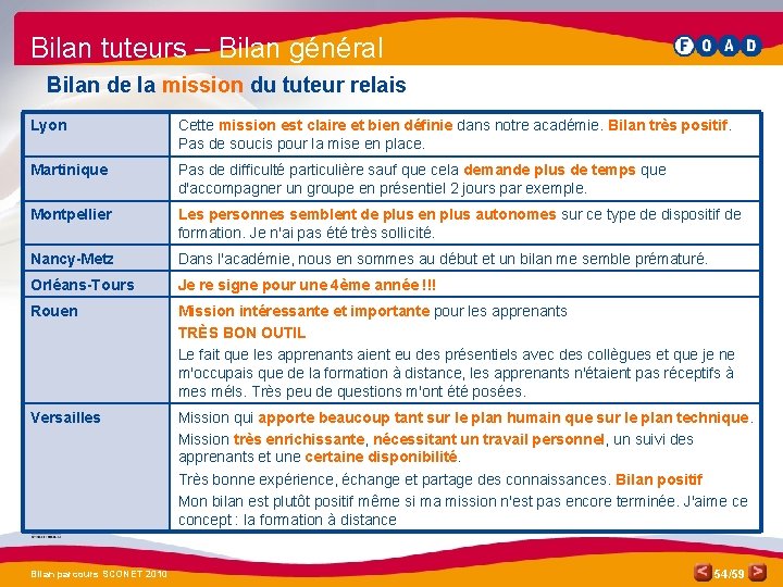 Bilan tuteurs – Bilan général Bilan de la mission du tuteur relais Lyon Cette