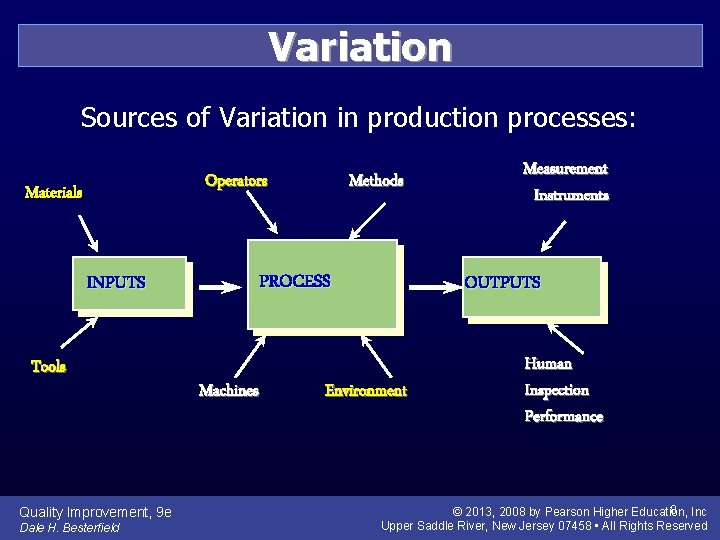 Variation Sources of Variation in production processes: Operators Materials INPUTS Tools Quality Improvement, 9