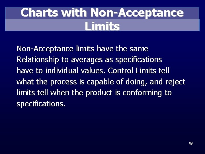 Charts with Non-Acceptance Limits Non-Acceptance limits have the same Relationship to averages as specifications