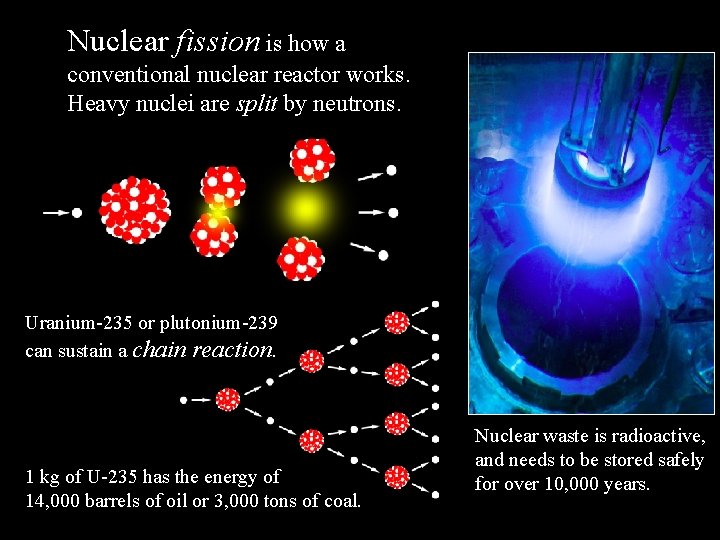 Nuclear fission is how a conventional nuclear reactor works. Heavy nuclei are split by