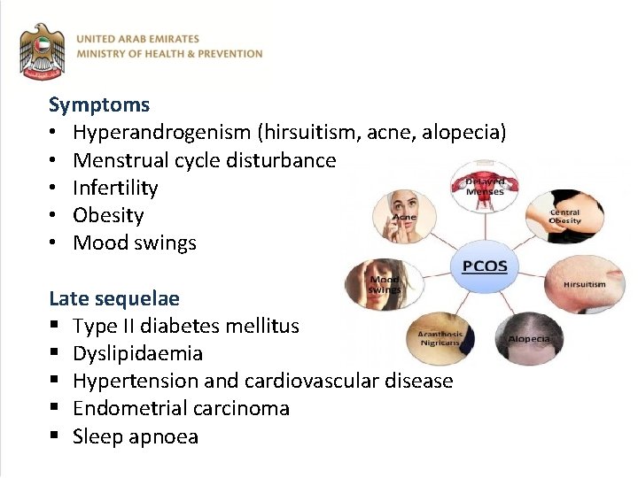 Symptoms • Hyperandrogenism (hirsuitism, acne, alopecia) • Menstrual cycle disturbance • Infertility • Obesity