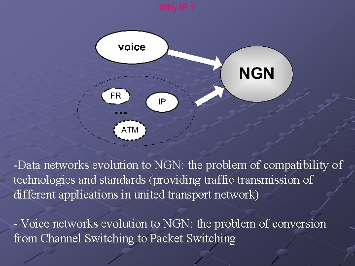 Why IP ? -Data networks evolution to NGN: the problem of compatibility of technologies
