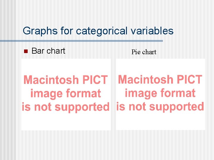 Graphs for categorical variables n Bar chart Pie chart 