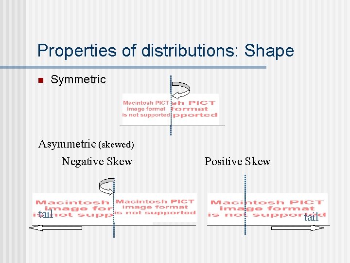 Properties of distributions: Shape n Symmetric Asymmetric (skewed) Negative Skew tail Positive Skew tail