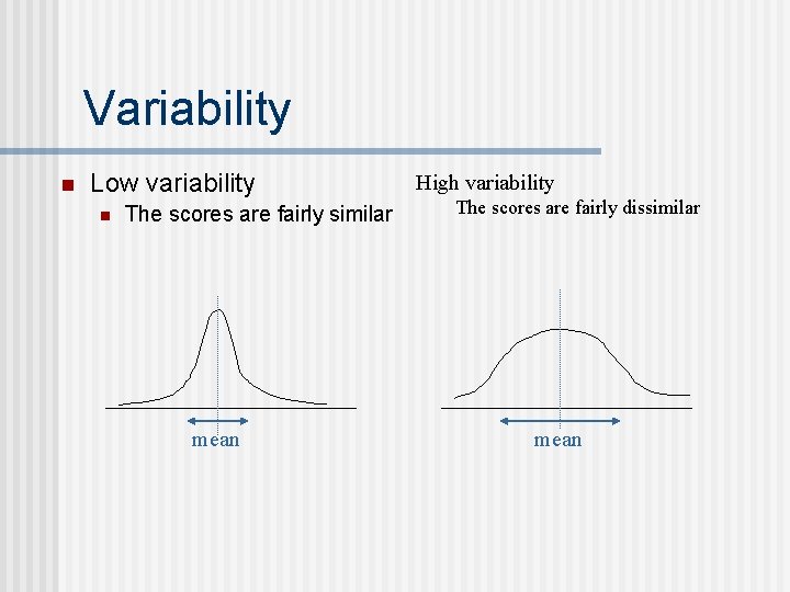 Variability n Low variability n The scores are fairly similar mean High variability The