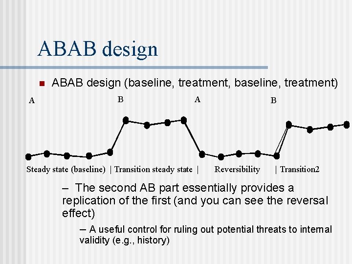 ABAB design n A ABAB design (baseline, treatment, baseline, treatment) B A Steady state