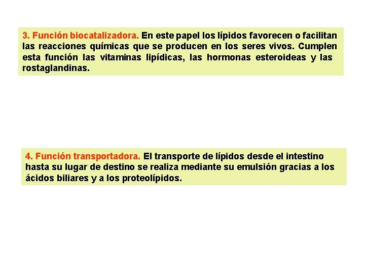 3. Función biocatalizadora. En este papel los lípidos favorecen o facilitan las reacciones químicas