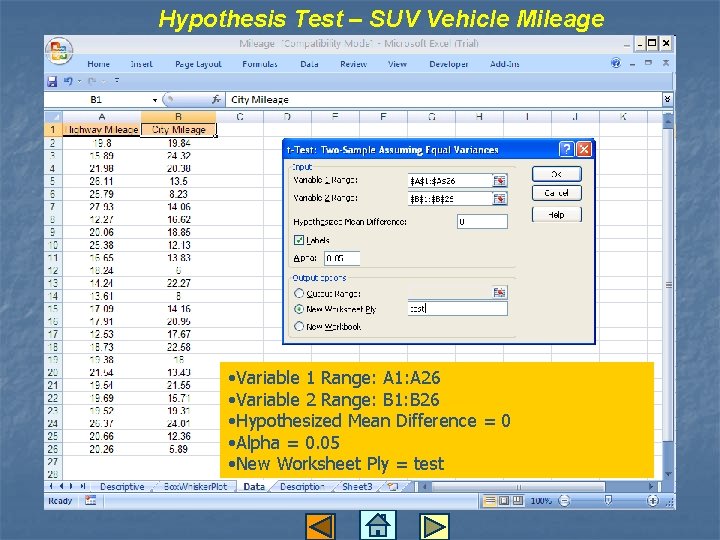 Hypothesis Test – SUV Vehicle Mileage • Variable 1 Range: A 1: A 26