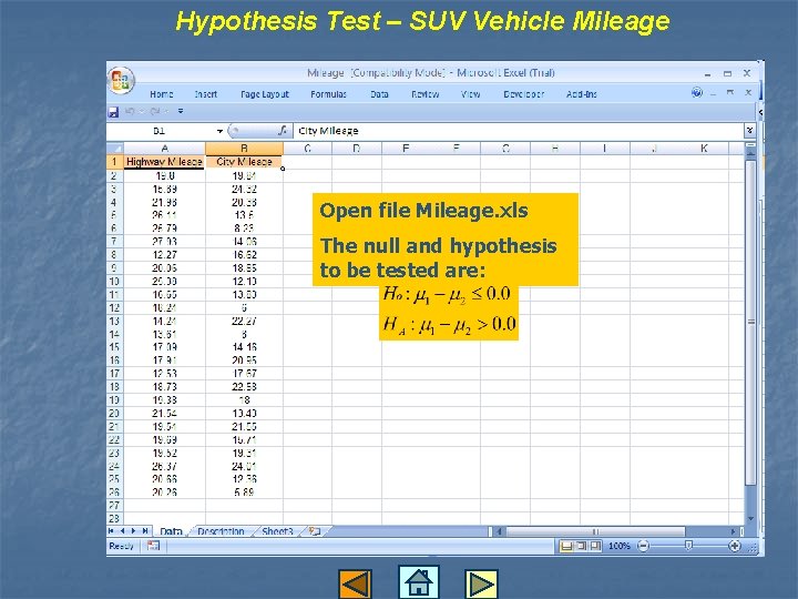 Hypothesis Test – SUV Vehicle Mileage Open file Mileage. xls The null and hypothesis