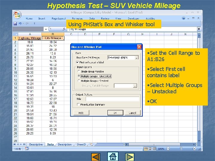 Hypothesis Test – SUV Vehicle Mileage Using PHStat’s Box and Whisker tool • Set