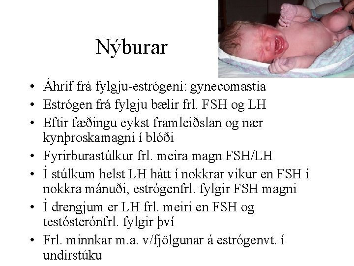 Nýburar • Áhrif frá fylgju-estrógeni: gynecomastia • Estrógen frá fylgju bælir frl. FSH og