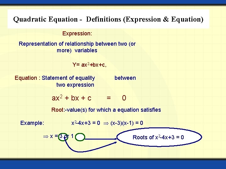 Quadratic Equation - Definitions (Expression & Equation) Expression: Representation of relationship between two (or Quadratic Equation - Definitions (Expression & Equation) Expression: Representation of relationship between two (or