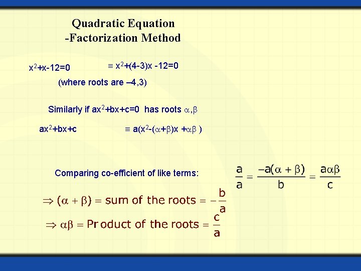 Quadratic Equation -Factorization Method x 2+x-12=0 x 2+(4 -3)x -12=0 (where roots are –