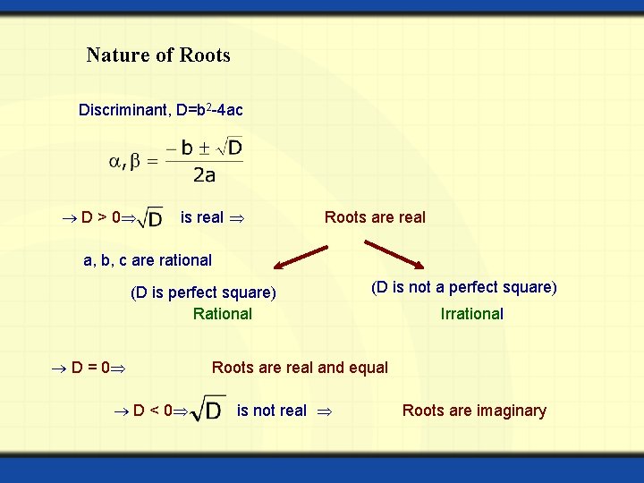Nature of Roots Discriminant, D=b 2 -4 ac D > 0 is real Roots