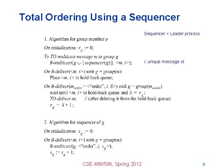 Total Ordering Using a Sequencer = Leader process i: unique message id CSE 486/586,