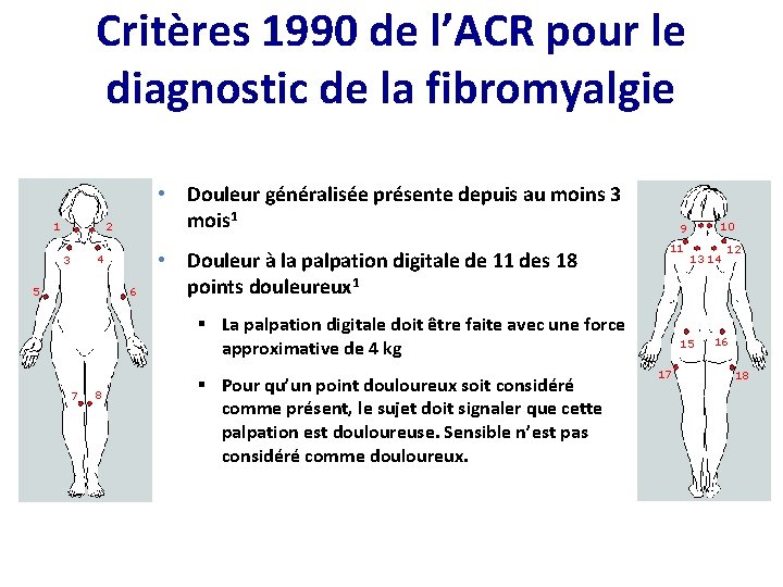 Critères 1990 de l’ACR pour le diagnostic de la fibromyalgie 1 • Douleur généralisée