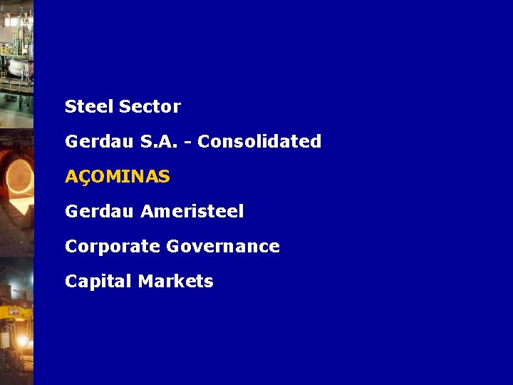 Steel Sector Gerdau S. A. - Consolidated AÇOMINAS Gerdau Ameristeel Corporate Governance Capital Markets