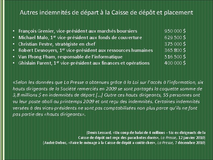 Autres indemnités de départ à la Caisse de dépôt et placement ▪ ▪ ▪