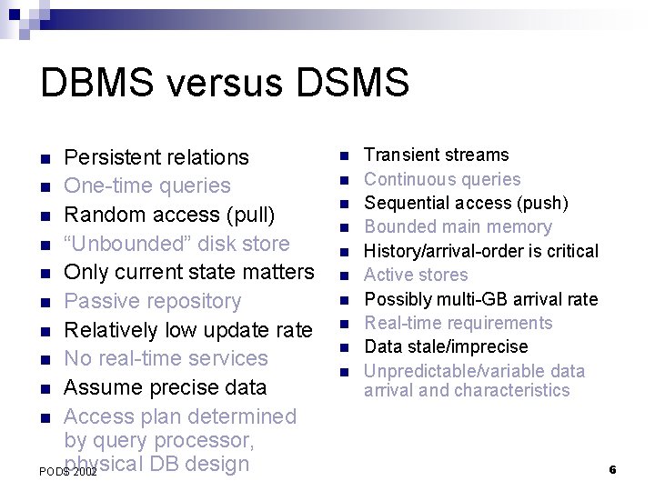 DBMS versus DSMS Persistent relations n One-time queries n Random access (pull) n “Unbounded”