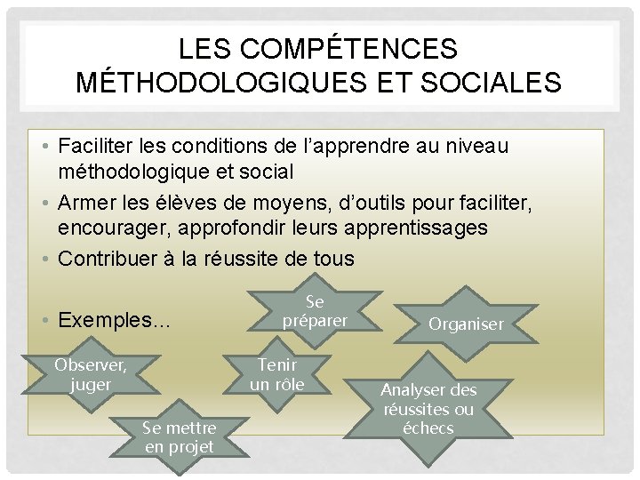 LES COMPÉTENCES MÉTHODOLOGIQUES ET SOCIALES • Faciliter les conditions de l’apprendre au niveau méthodologique