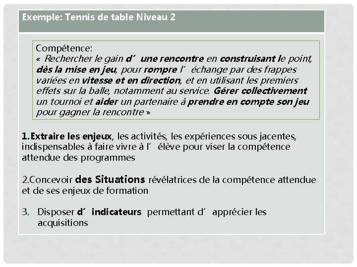 Exemple: Tennis de table Niveau 2 Compétence: « Recher le gain d’une rencontre en