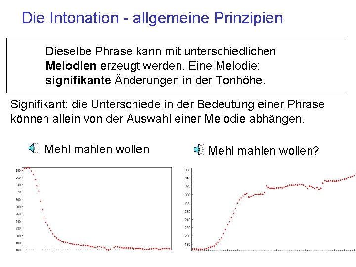 Die Intonation - allgemeine Prinzipien Dieselbe Phrase kann mit unterschiedlichen Melodien erzeugt werden. Eine