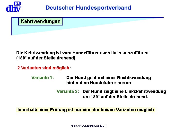 Kehrtwendungen Die Kehrtwendung ist vom Hundeführer nach links auszuführen (180° auf der Stelle drehend)