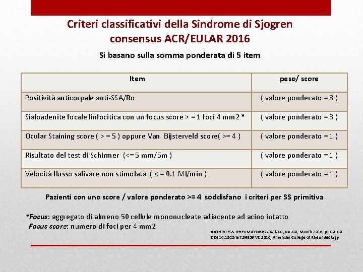 Criteri classificativi della Sindrome di Sjogren consensus ACR/EULAR 2016 Si basano sulla somma ponderata