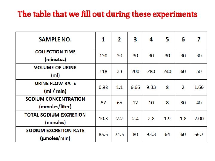 The table that we fill out during these experiments 