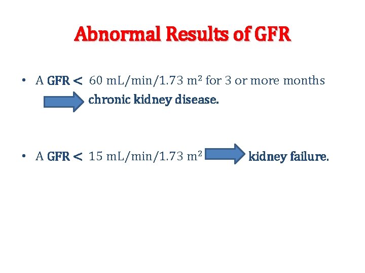 Abnormal Results of GFR • A GFR < 60 m. L/min/1. 73 m 2 Abnormal Results of GFR • A GFR < 60 m. L/min/1. 73 m 2