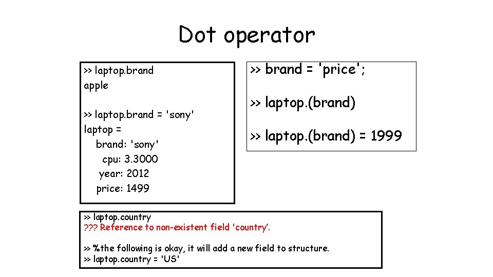 Dot operator >> laptop. brand apple >> laptop. brand = 'sony' laptop = brand: