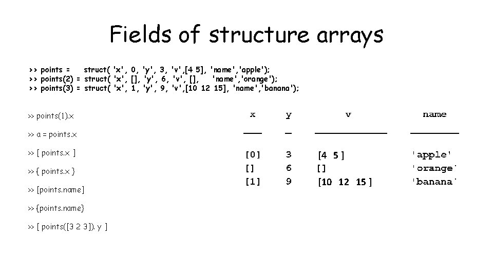 Fields of structure arrays >> points = struct( 'x', 0, 'y', 3, 'v', [4