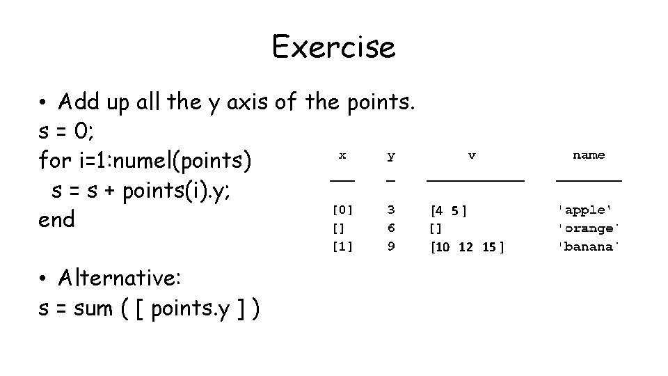 Exercise • Add up all the y axis of the points. s = 0;
