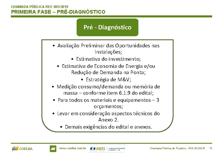 CHAMADA PÚBLICA REE 001/2019 PRIMEIRA FASE – PRÉ-DIAGNÓSTICO Pré - Diagnóstico • Avaliação Preliminar