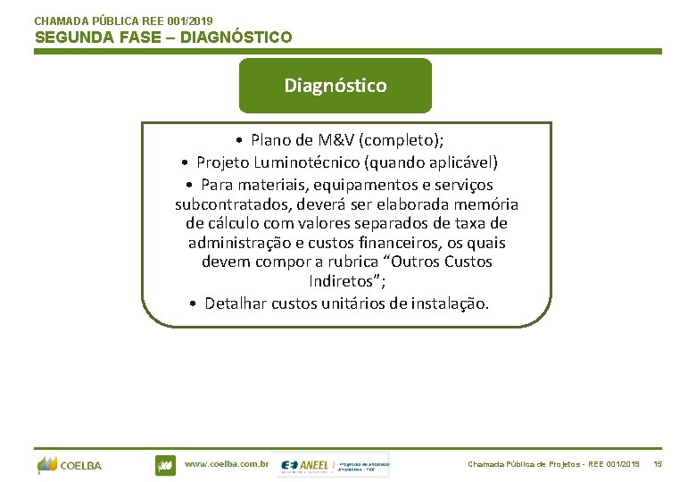 CHAMADA PÚBLICA REE 001/2019 SEGUNDA FASE – DIAGNÓSTICO Diagnóstico • Plano de M&V (completo);