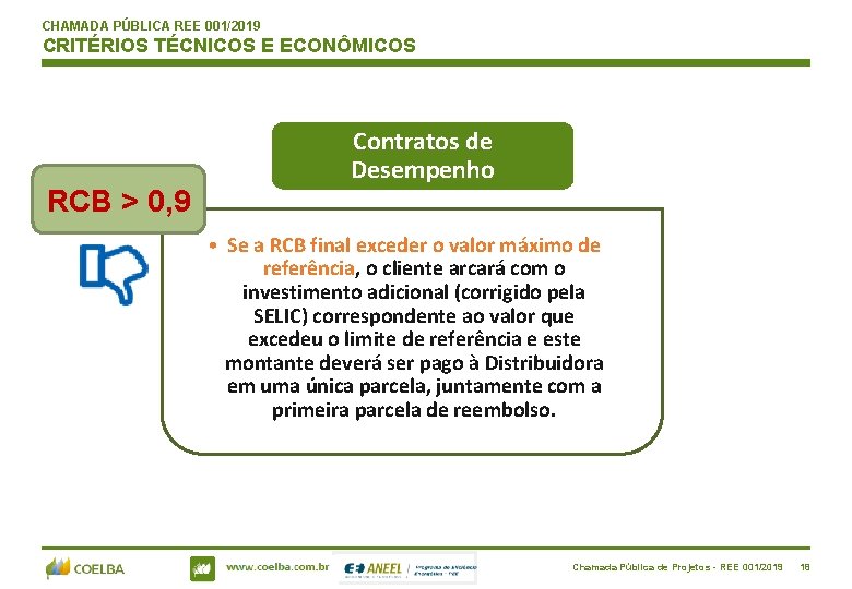 CHAMADA PÚBLICA REE 001/2019 CRITÉRIOS TÉCNICOS E ECONÔMICOS Contratos de Desempenho RCB > 0,