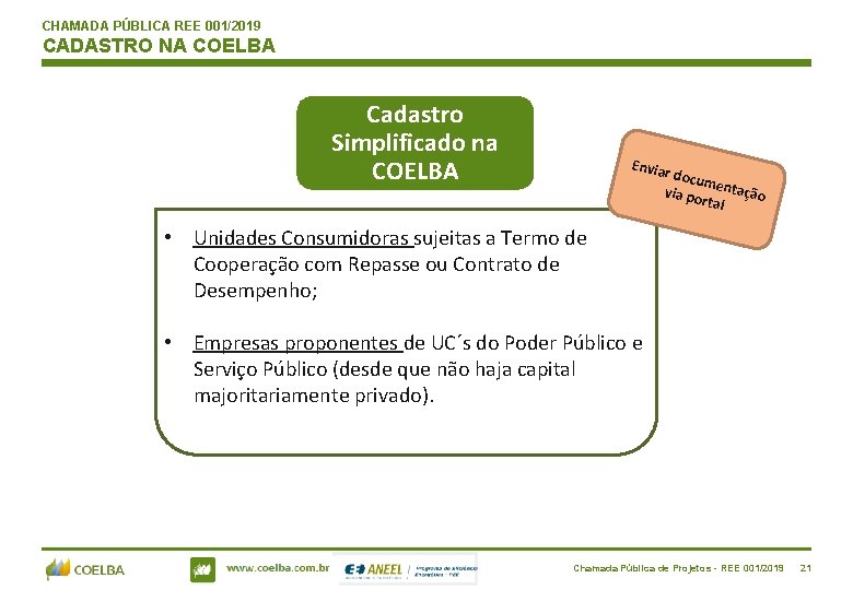 CHAMADA PÚBLICA REE 001/2019 CADASTRO NA COELBA Cadastro Simplificado na COELBA Envia r docu