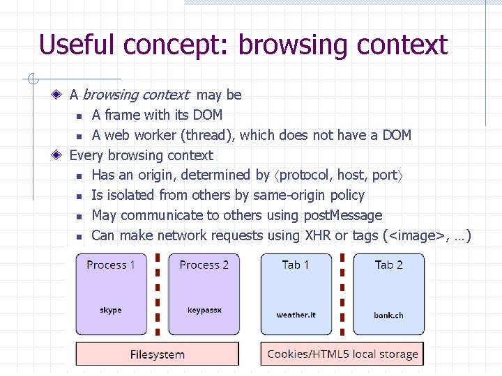 Useful concept: browsing context A browsing context may be n A frame with its