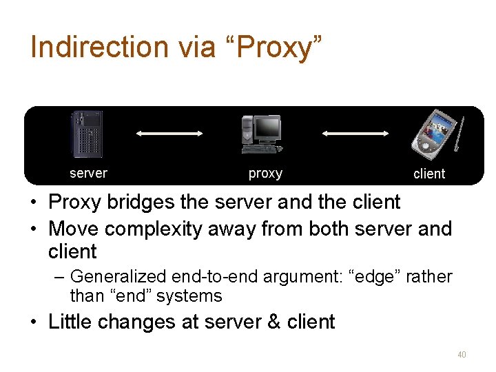 Indirection via “Proxy” server proxy client • Proxy bridges the server and the client