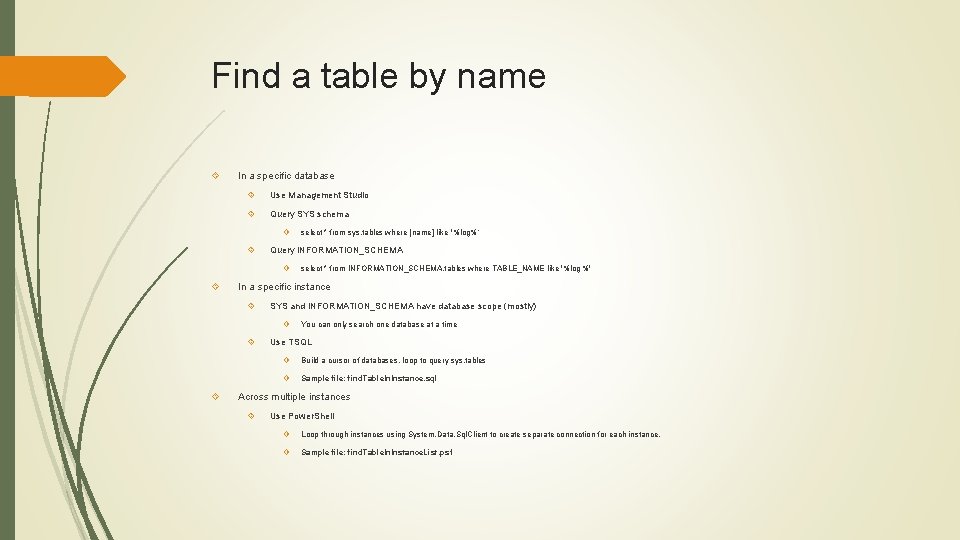 Find a table by name In a specific database Use Management Studio Query SYS