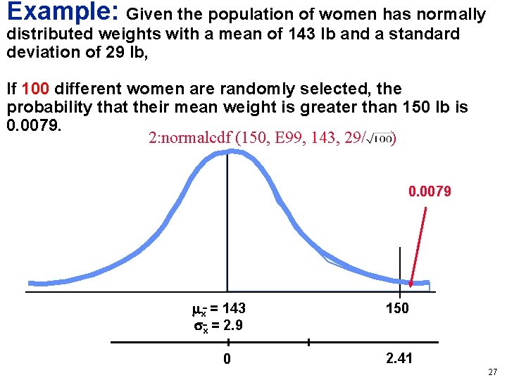 Example: Given the population of women has normally distributed weights with a mean of
